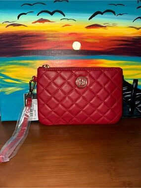 NWT Badgley Mischka Quilted Red Wristlet Bag with Gold Logo